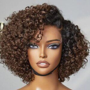 8 Inch Ombre Brown Fluffy Kinky Curl Glueless Minimalist HD Lace Wig Ready to Go